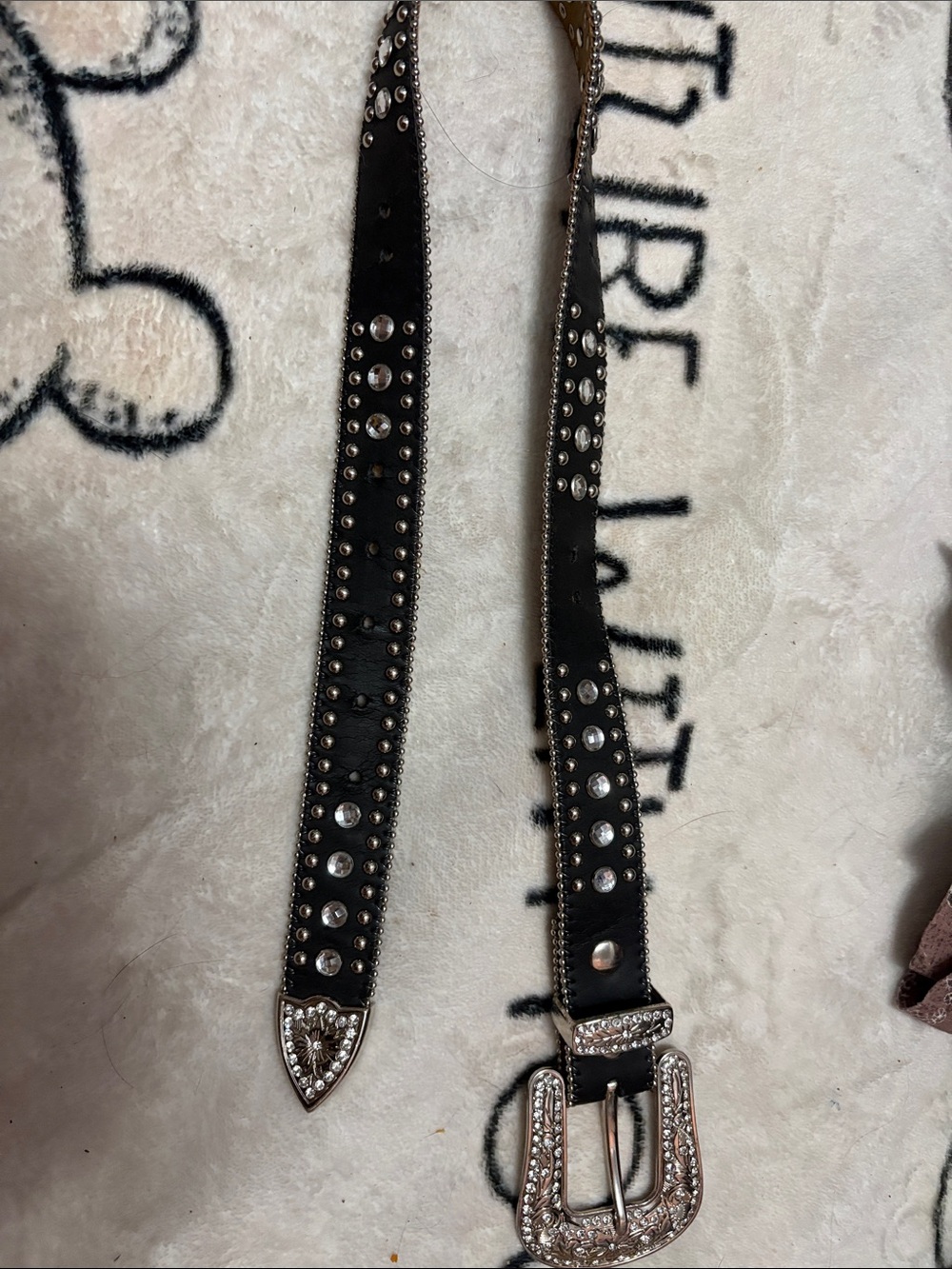 Black Studded Leather Belt with Crystal Western Buckle- Nacona belt Co